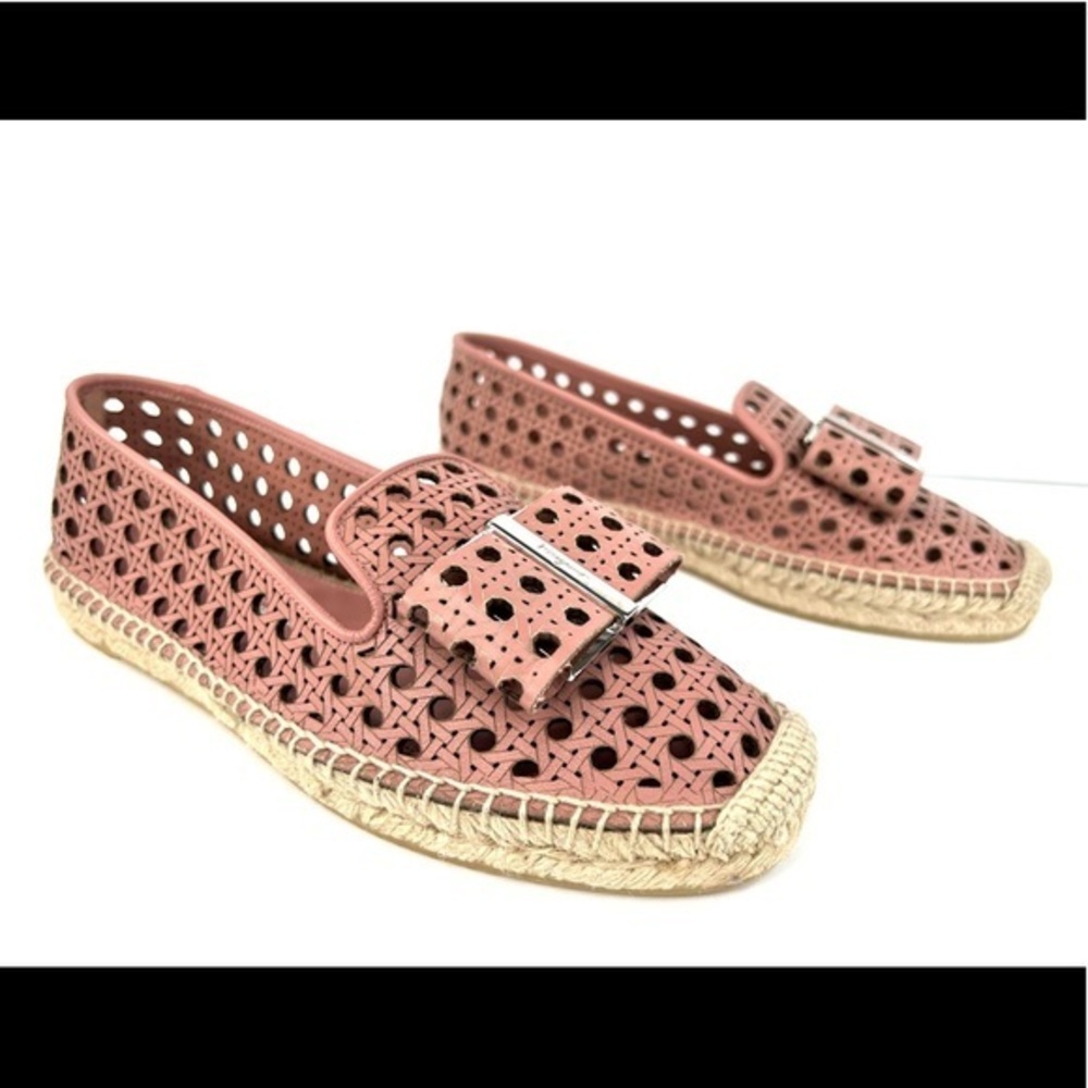 SALVATORE FERRAGAMO Sannio Bow Laser Cut Leather Flat Espadrilles Size 4.5 - Picture 3 of 11